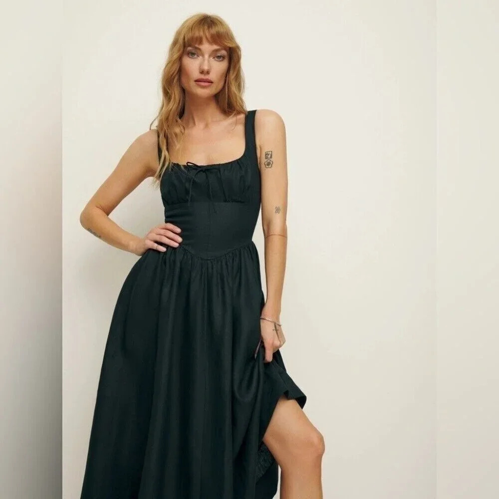 NEW Reformation Balia Linen Midi Dress in Black | size 2 - Picture 2 of 12